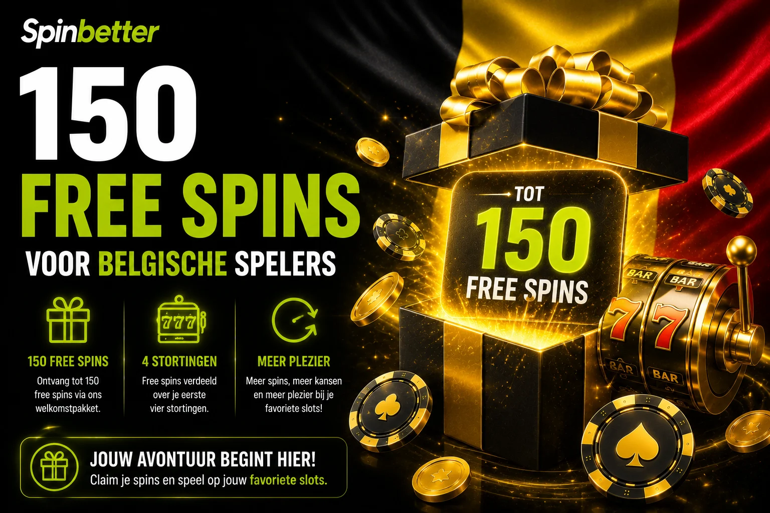 Spinbetter 150 Free Spins voor Belgische Spelers 🎁